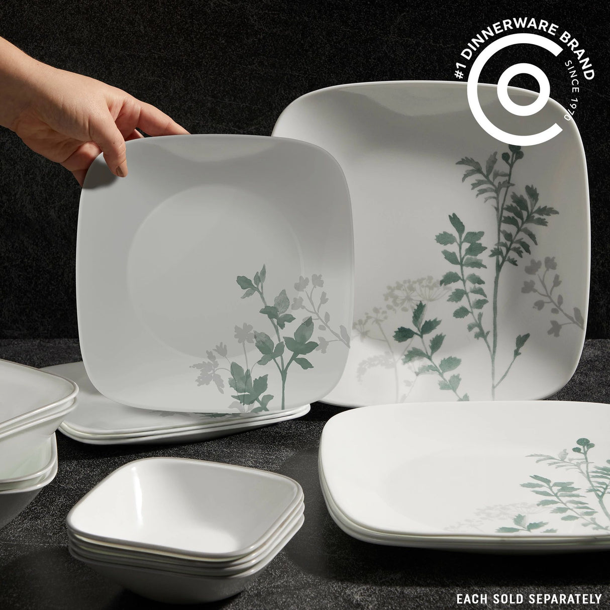  Square Amalie 10.5" Dinner Plate shown in set with text #1 dinnerware brand