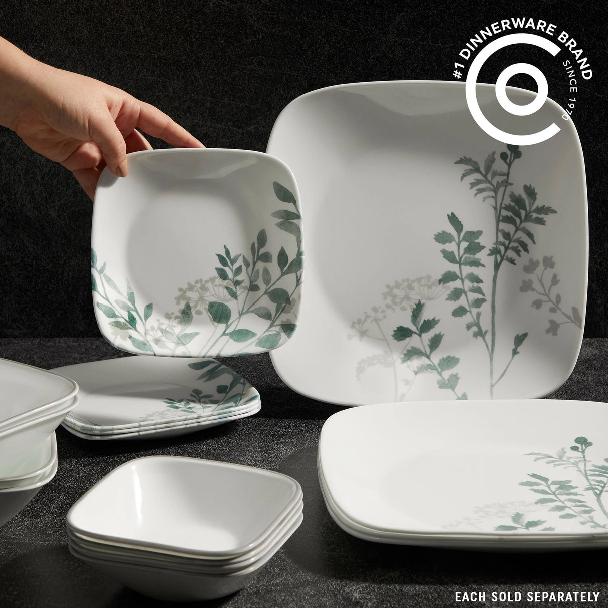  Square Amalie Dinner set shown in set with text #1 dinnerware brand