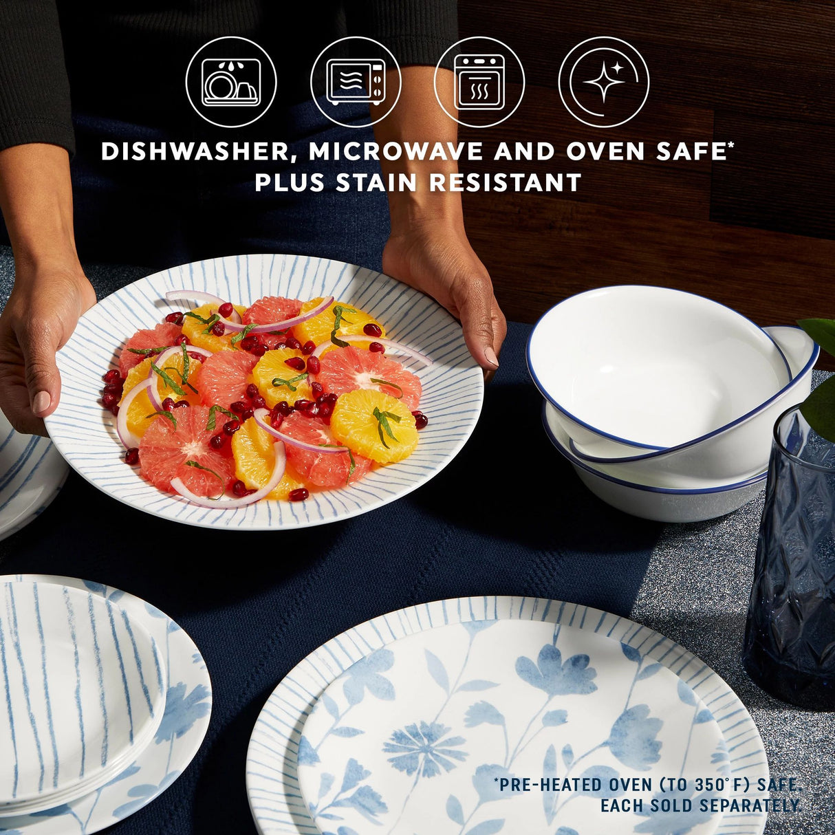  Botanical Stripes complete dinnerware set with text dishwasher, microwave &amp; oven safe plus stain resistant