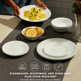  Knox Dinnerware set on table with text dishwasher, microwave &amp; ovensafe plus stain resistant