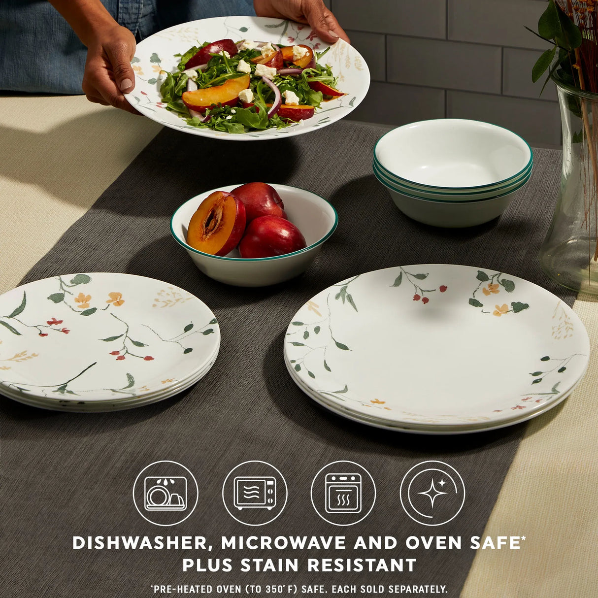  Wildflower Scatter dinnerware on the table with text dishwasher, microwave &amp; ovensafe