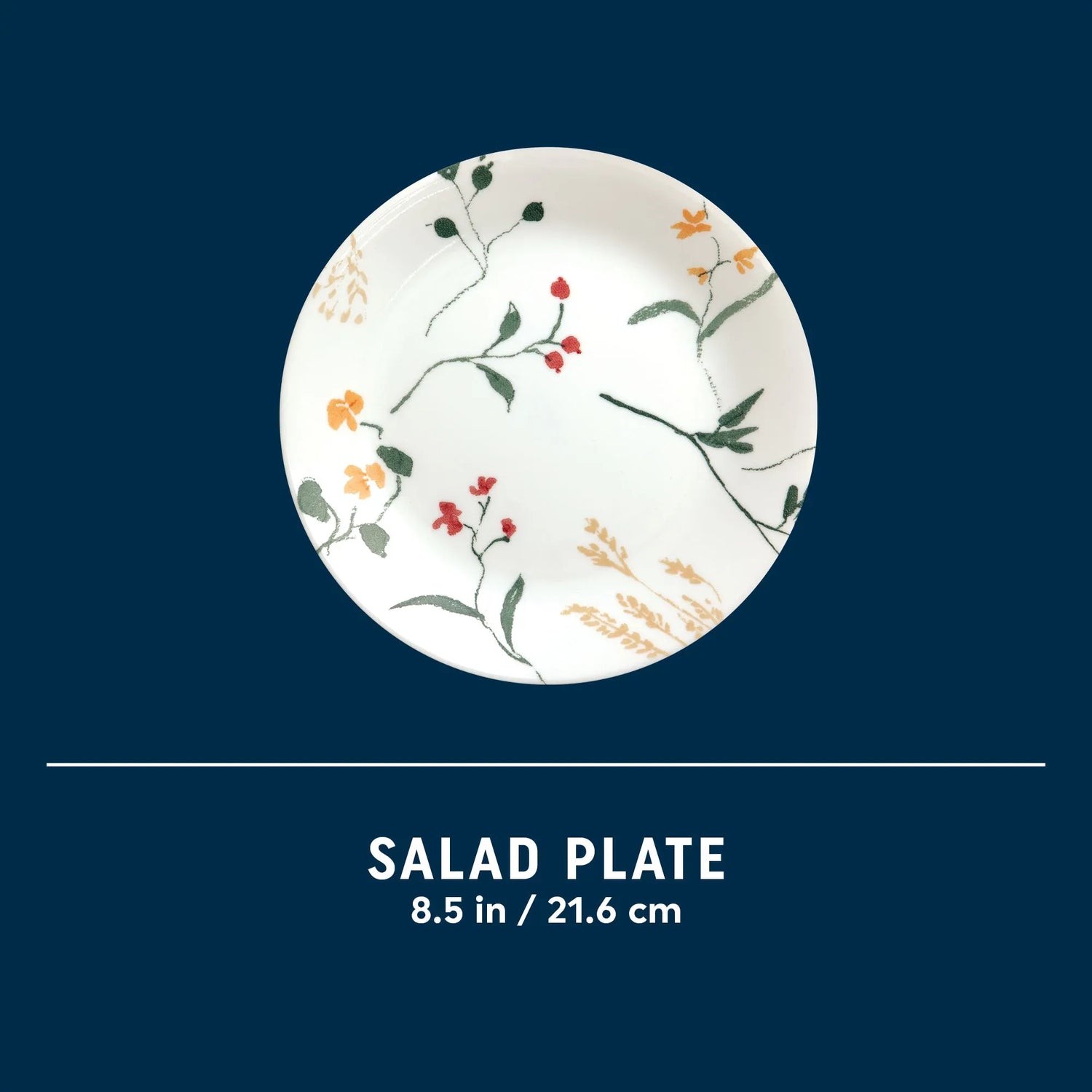  Wildflower Scatter salad plate showing dimension of 8.5