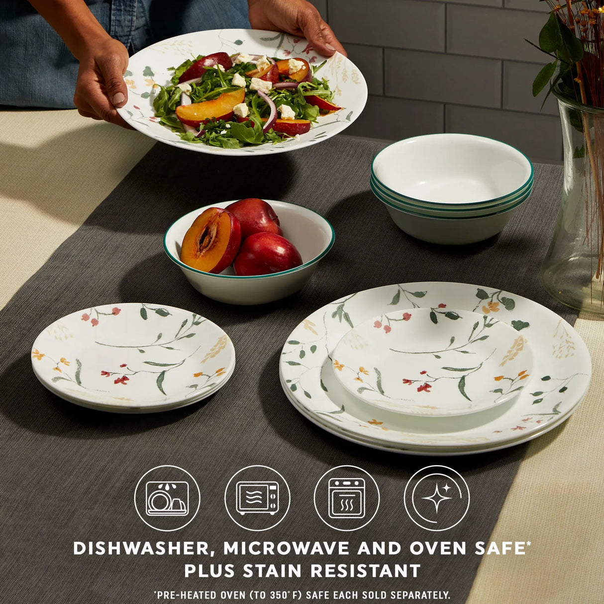 Wildflower Scatter dinnerware on dishwasher, microwave, &amp; ovensafe plus stain resistant
