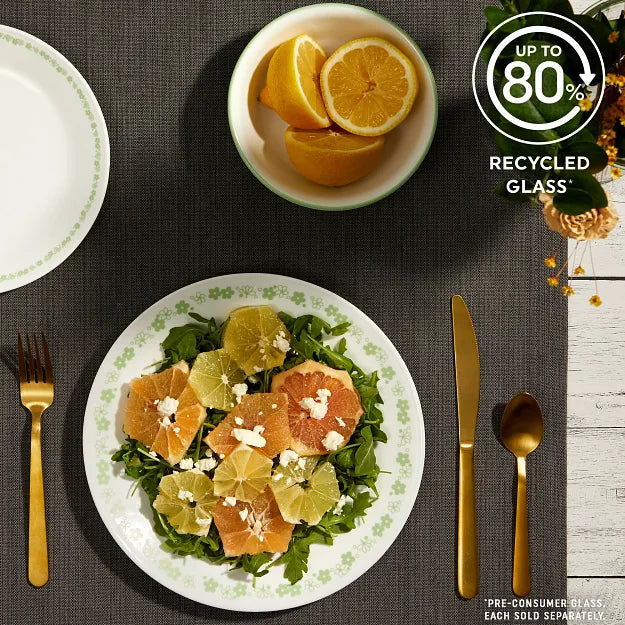  Spring Blossom Green dinnerware on the table with text up to 80% recycled glass