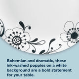  Inked Poppy plate with text: Bohemian and dramatic, ink washed poppies on a white background are a bold statement for your table
