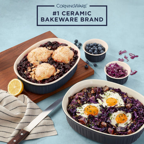 French Colors 10-pc Oval Bakeware Set, Navy with food inside &amp; text on photo #1 ceramic bakeware brand
