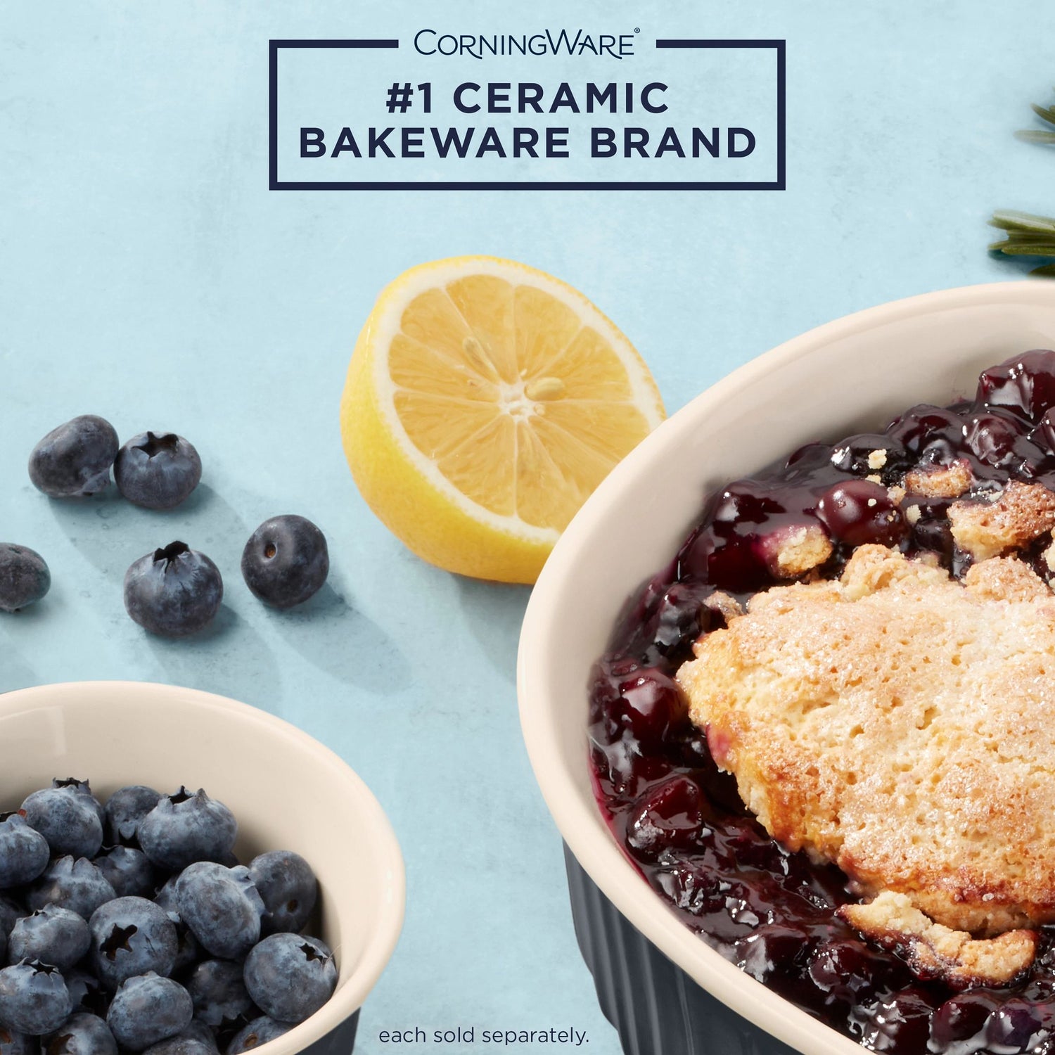  French Colors Navy 1.5-qt Round Baking Dish with food inside with text on image Corningware #1 ceramic bakeware brand