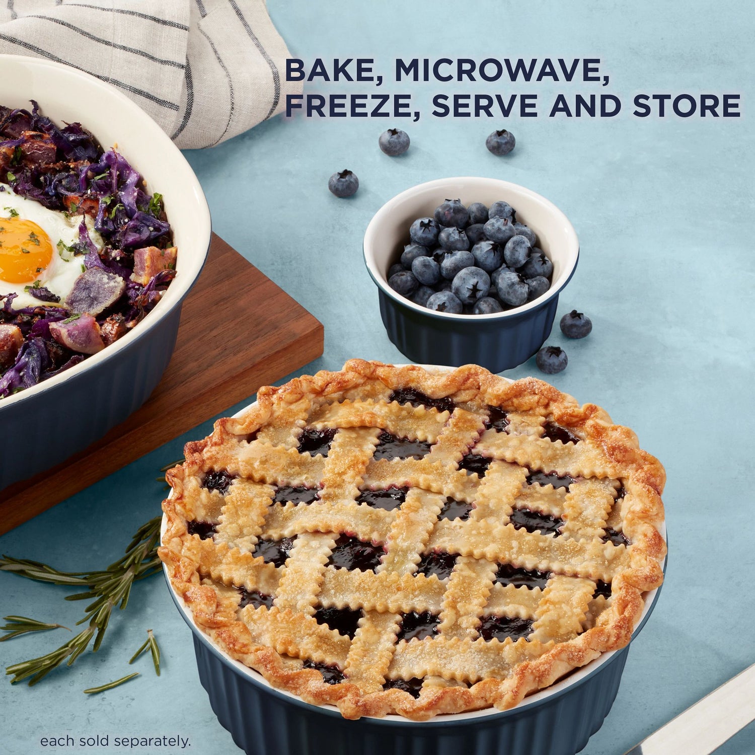  French Colors Navy 1.5-qt Round Baking Dish with food inside & text on photo bake, microwave, freeze serve & store