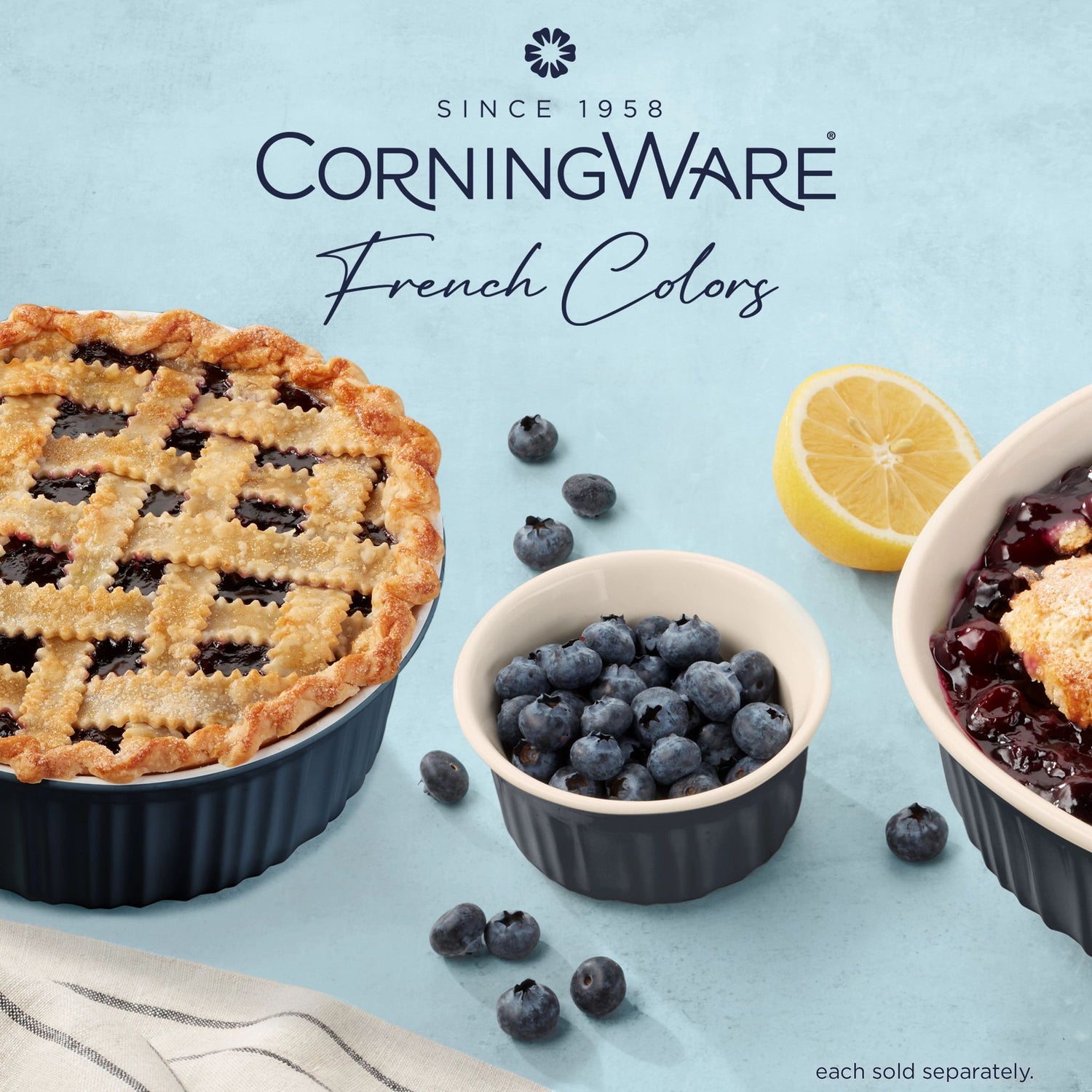  French Colors Navy 1.5-qt Round Baking Dish with food inside and text CorningWare French Colors