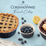 French Colors Navy 1.5-qt Round Baking Dish with food inside and text CorningWare French Colors