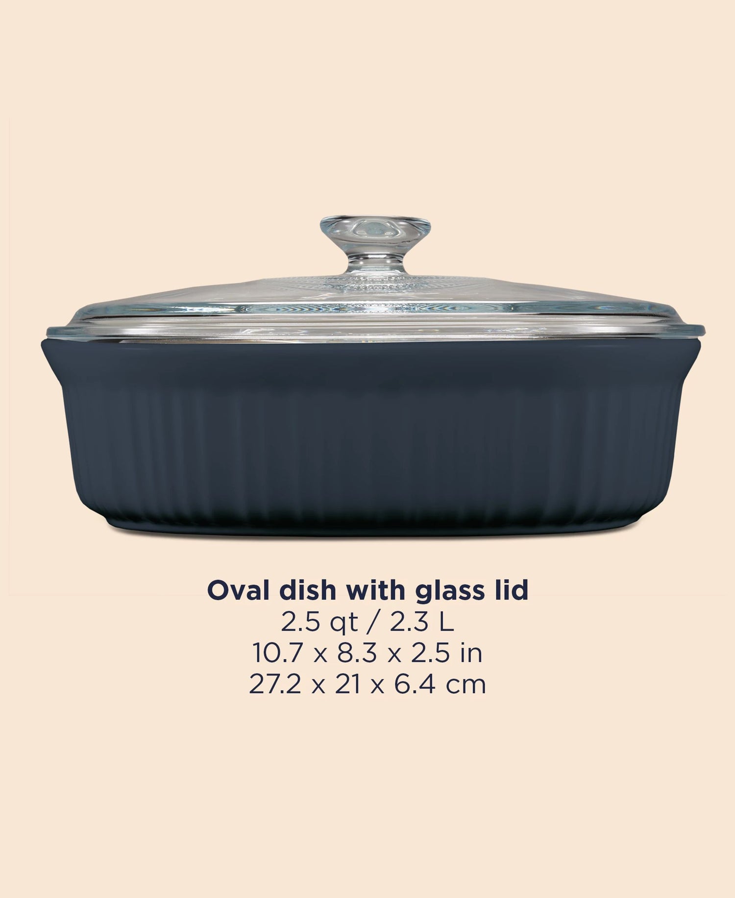  French Colors 2.5-quart Oval Baking Dish, Navy with lid with text oval dish with glass lid and dimensions 10.7
