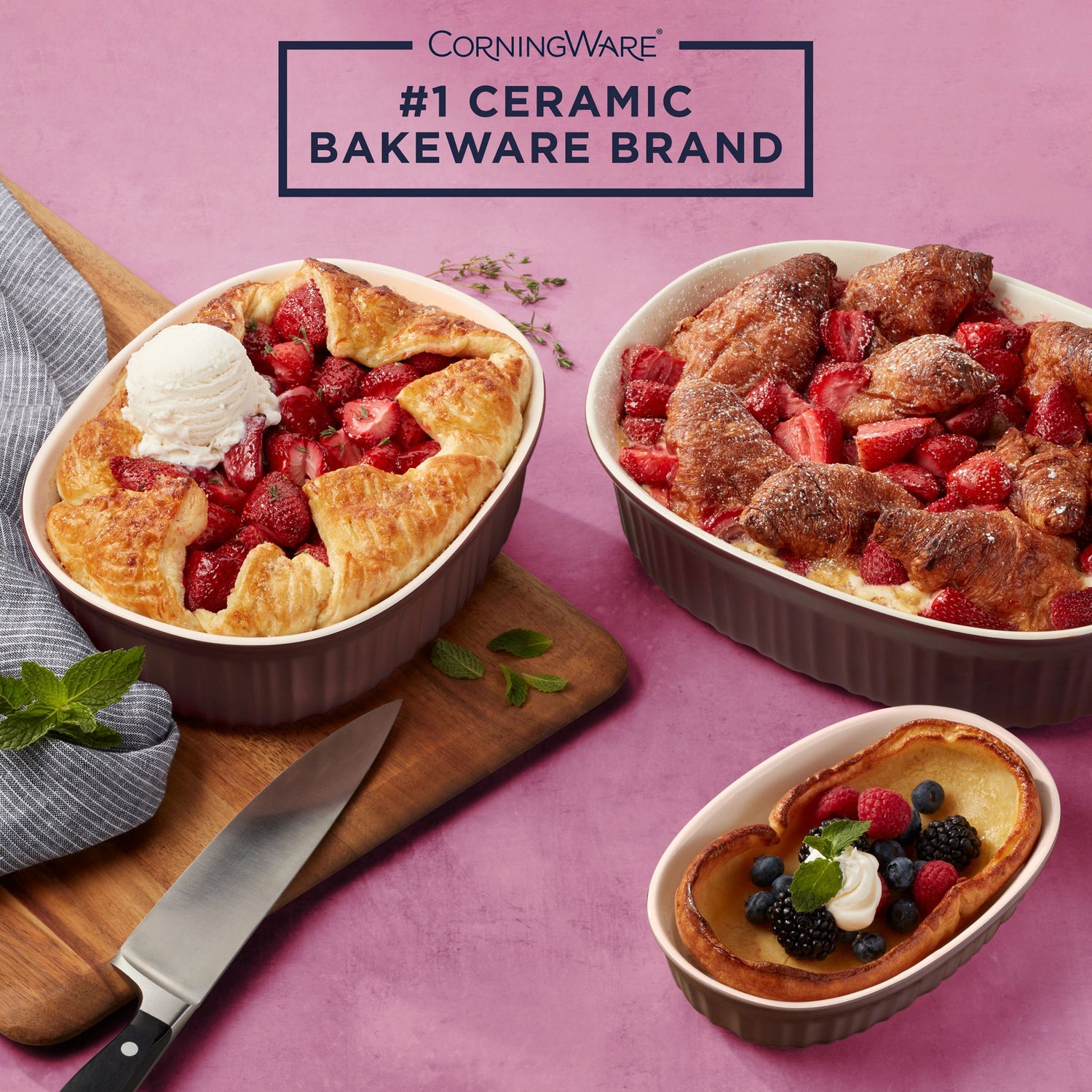  French Colors 6-piece Bakeware Set, Cabernet with food inside and text on photo #1 ceramic bakeware brand
