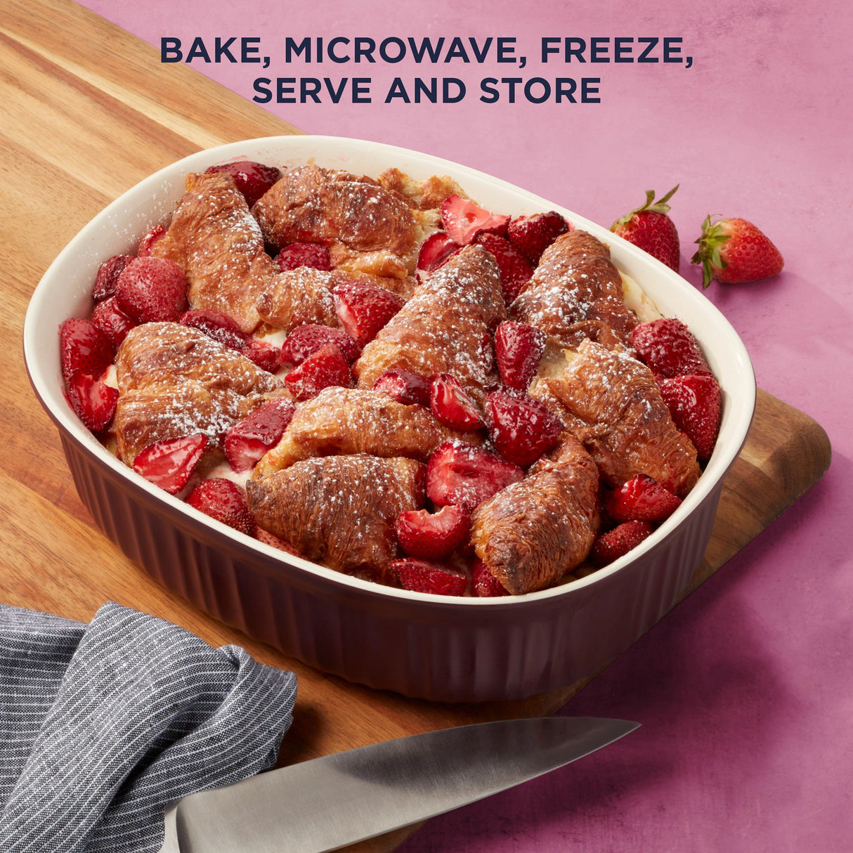  French Colors 2.5-quart Oval Baking Dish, Cabernet with food inside and text bake, microwave, freeze &amp; store
