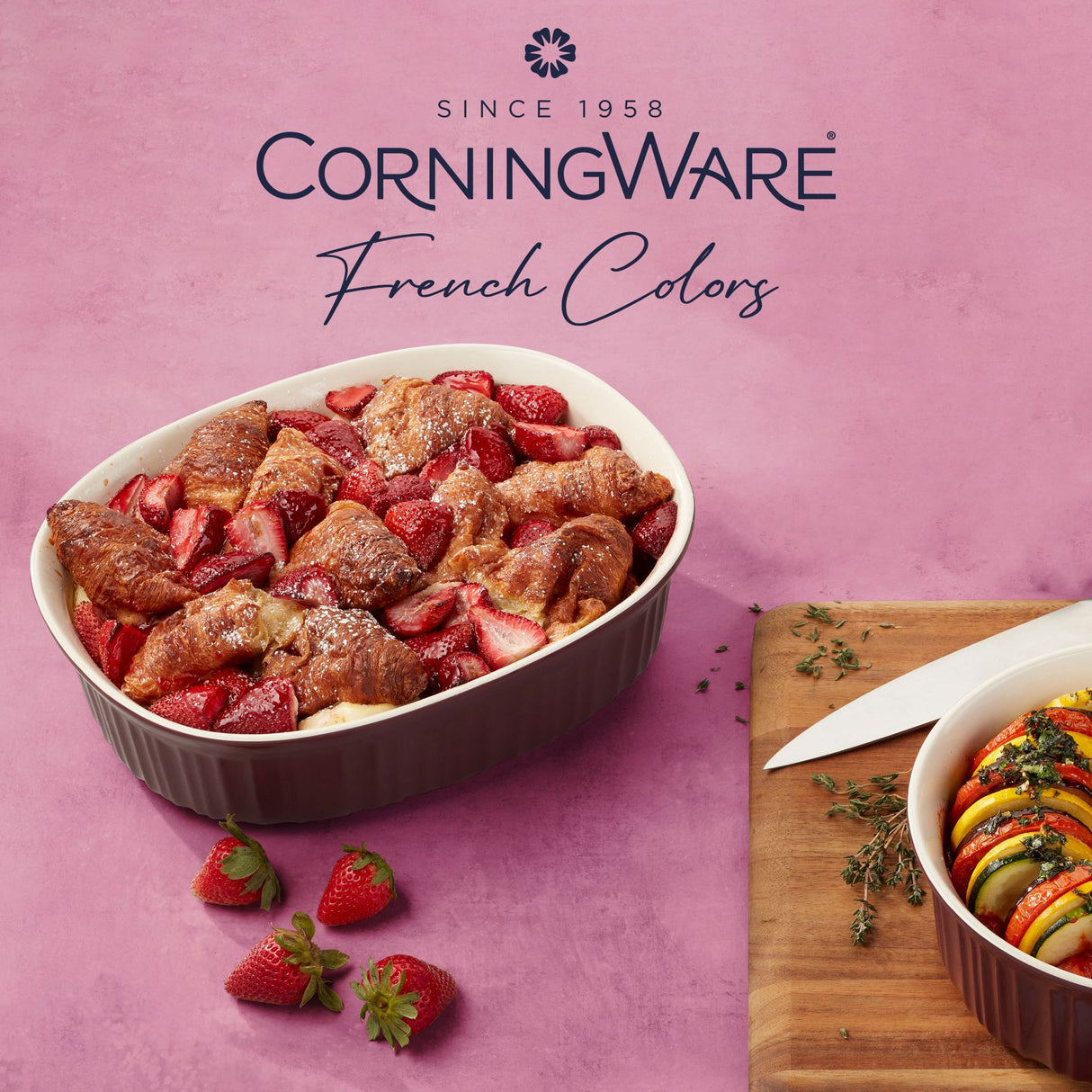  French Colors 2.5-quart Oval casserole with food inside and text on photo since 1958 CorningWare Bakeware Set, Cabernet