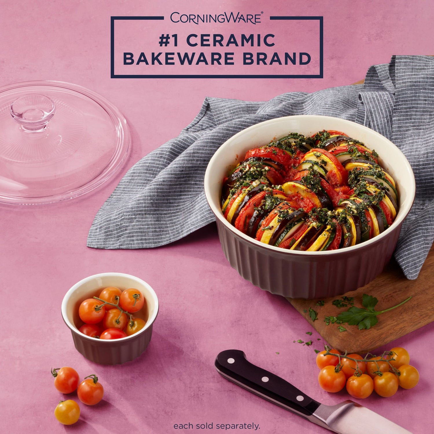 French Colors 1.5-quart Round Baking Dish, Cabernet with food inside and text on image #1 ceramic bakeware brand