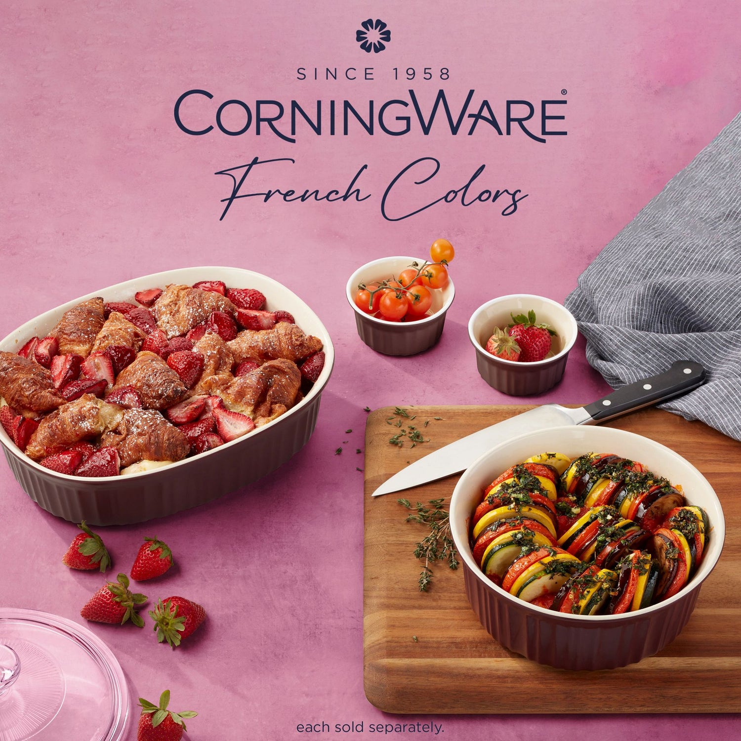  French Colors 1.5-qt Round & 2.5-qt Oval Baking Dish shown together on the table with food inside