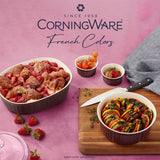  French Colors 1.5-qt Round &amp; 2.5-qt Oval Baking Dish shown together on the table with food inside